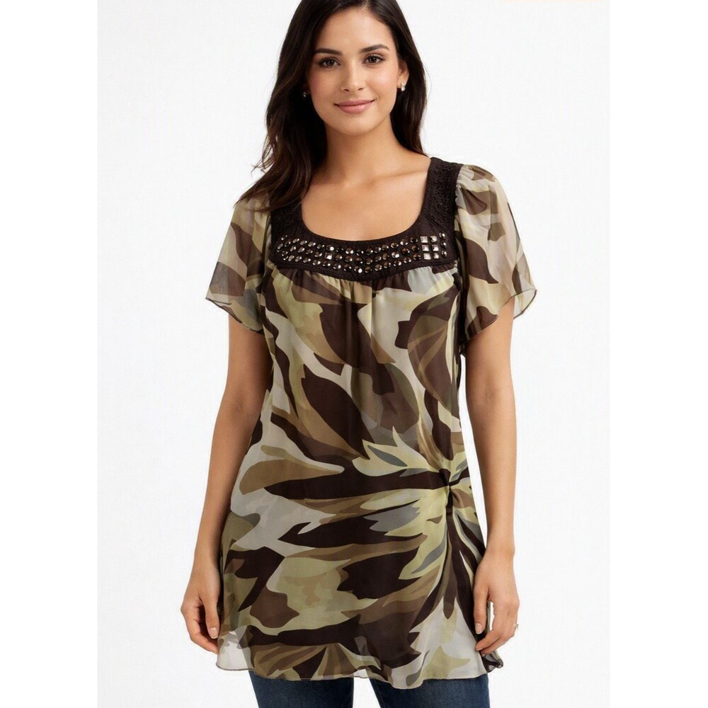 Dressbarn Womans Sheer Top w/Linng Browns Beaded Neckline 2X Boho
